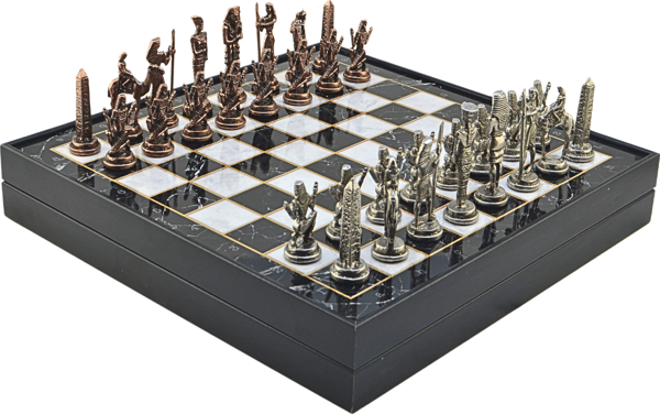 GiftHome Metal MISIR Satranç Takımı Antik ve Mermer Desenli MDF Sandıklı Satranç Tahtası (36X36X6 cm.) - Image 1