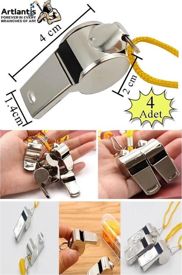 Metal Düdük 4 Adet Kaliteli İpli Paslanmaz Metal Deprem Düdügü Hakem Bekçi Can Kurtaran Düdük Yüksek Desibel - Image 1