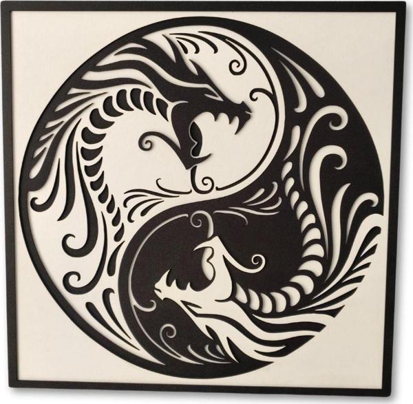 Dark Flamingo El Yapımı Ahşap Üç Boyutlu Dragon Ying Yang Tablo - Image 1