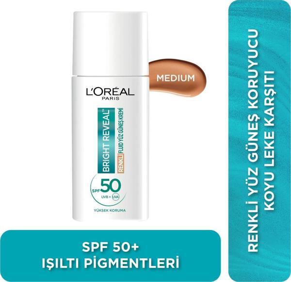 L'Oréal Paris Bright Reveal Spf 50+ Koyu Leke Karşıtı Renkli Fluid Günlük Yüz Güneş Kremi 50 ml - Medium - Image 1