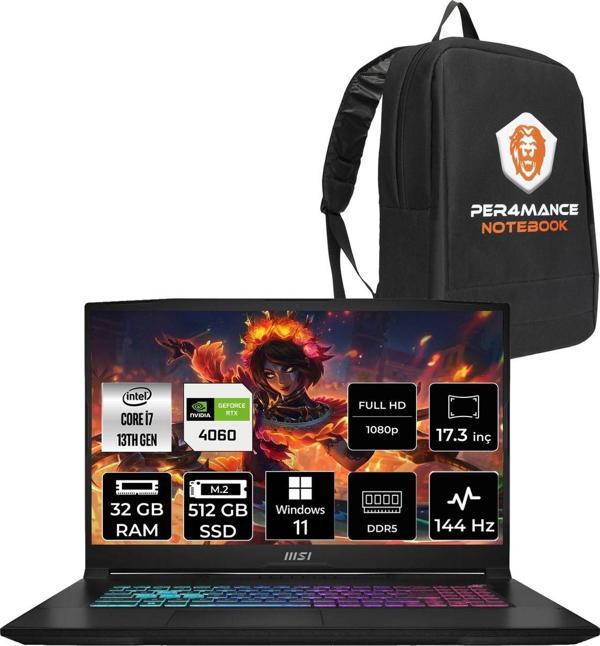 Msı Katana 17 B13Vfk37 İ7 13620H 32Gb 512Gb Ssd Rtx4060/8Gb 105W 17.3" Fhd 144Hz W11P & Per4 Çanta - Image 1