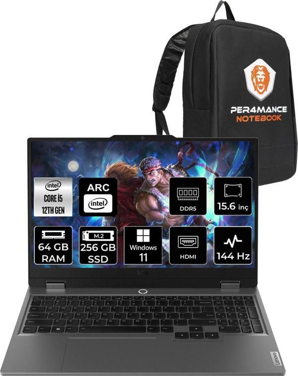 Lenovo Loq  İ5-12450Hx 64Gb 256Gb Ssd A530M/4Gb 15.6" Fhd 144Hz W11H 83Fq000Utr & Per4 Çanta - Image 1