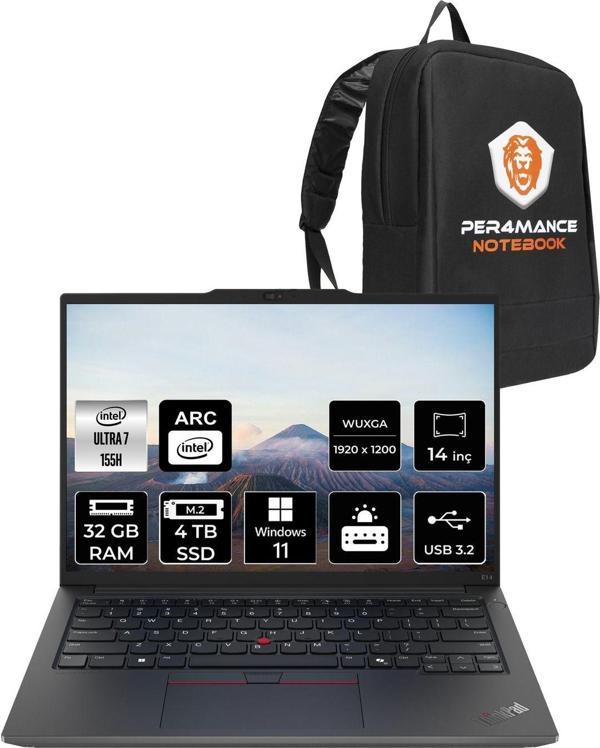 Lenovo Thinkpad E14 Ultra7 155H 32Gb Ddr5 4Tb Ssd 14'' Fhd+ W11H Dizüstü Bilgisayar & Per4 Çanta - Image 1