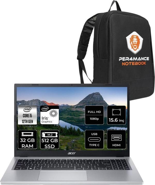 Acer Aspire 3 İ5 1235U 32Gb Ram 512Gb Ssd 15.6'' Fhd Fdos Taşınabilir Bilgisayar & Per4 Çanta - Image 1