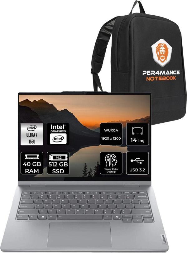 Lenovo Thinkbook 14 Ultra 7 155U 40Gb 512Gb Ssd 14" Fdos Wuxga Dokunmatik 2'Si 1 Arada & Per4 Çanta - Image 1