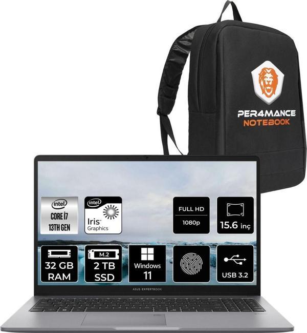 Asus Expertbook P1 P1503 İ7 13700H 32Gb Ddr5 2Tb Ssd 15.6" Fhd Wındows11Pro & Per4 Çanta - Image 1