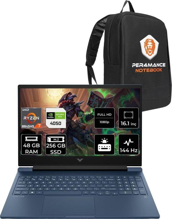 Hp Victus 16 R7 8845Hs 48Gb Ddr5 256Gb Ssd Rtx4050/6Gb 144Hz 16.1'' Fdos Gaming Laptop & Per4 Çanta - Image 1