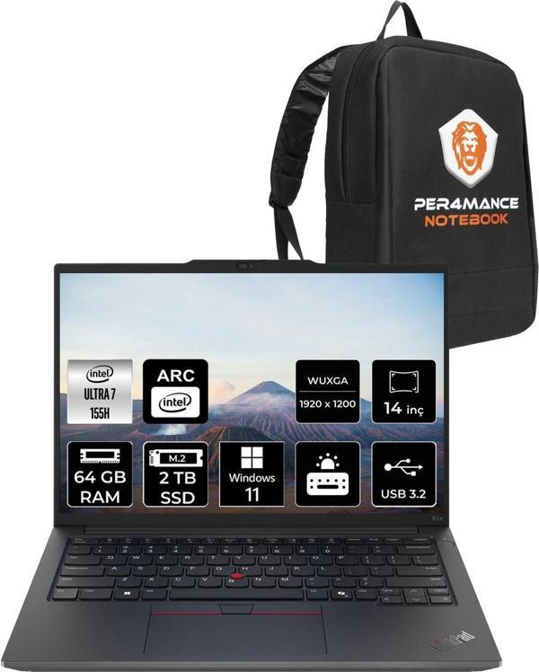 Lenovo Thinkpad E14 Ultra7 155H 64Gb Ddr5 2Tb Ssd 14'' Fhd+ W11H Dizüstü Bilgisayar & Per4 Çanta - Image 1