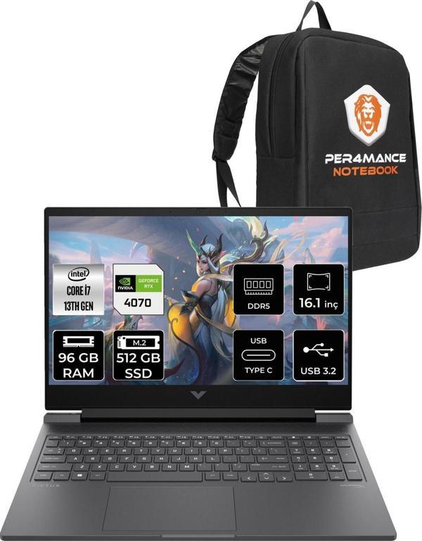 Hp Victus 16 İ7 13700H 96Gb Ddr5 512Gb Ssd Rtx4070/8Gb 144Hz 16.1'' Fdos Gaming Laptop & Per4 Çanta - Image 1