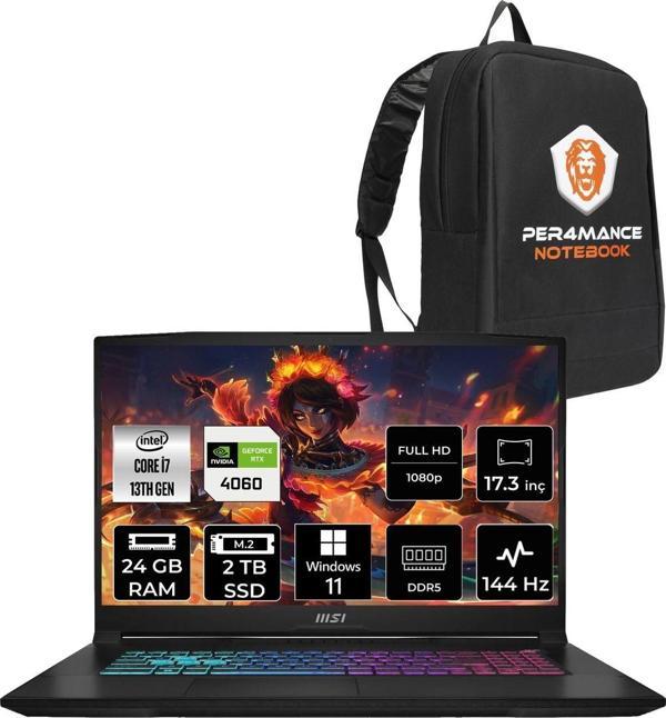 Msı Katana 17 B13Vfk37 İ7 13620H 24Gb 2Tb Ssd Rtx4060/8Gb 105W 17.3" Fhd 144Hz W11H & Per4 Çanta - Image 1