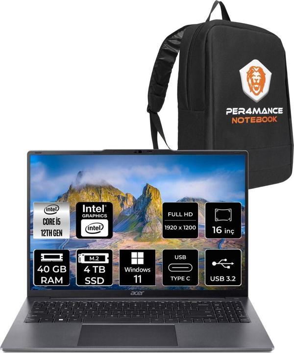 Acer Aspire Lite İ5 1235U 40Gb Ddr5 4Tb Ssd 16'' Wuxga W11H Taşınabilir Bilgisayar & Per4 Çanta - Image 1