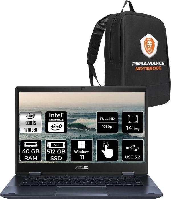 Asus Expertbook B3 Flip İ5 1235U 40Gb Ram 512Gb Ssd 14" Fhd W11P Dokunmatik Bilgisayar & Per4 Çanta - Image 1