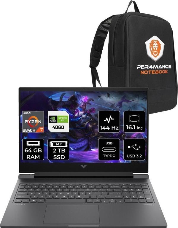 Hp Victus 16 R7 8845Hs 64Gb 2Tb Ssd Rtx4060/8Gb 144Hz Fhd 16.1'' Fdos Gaming Laptop & Per4 Çanta - Image 1