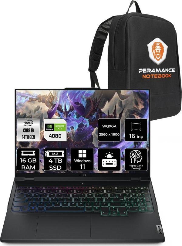 Lenovo Legion Pro 7 İ9 14900Hx 16Gb 4Tb Ssd Rtx4080/12Gb 175W 240Hz Wqxga 16" W11H & Per4 Çanta - Image 1
