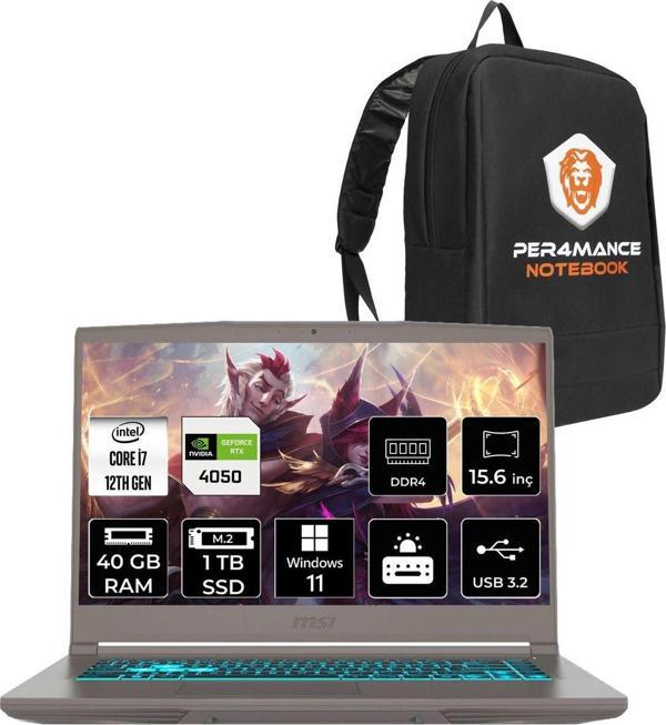 Msı Thin 15 İ7 12650H 40Gb 1Tb Ssd Rtx4050/6Gb 15.6" Fhd 144Hz W11P B12Ve92Tr & Per4 Çanta - Image 1
