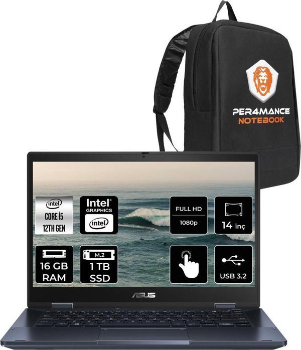 Asus Expertbook B3 Flip İ5 1235U 16Gb Ram 1Tb Ssd 14" Fhd Fdos Dokunmatik Bilgisayar & Per4 Çanta - Image 1