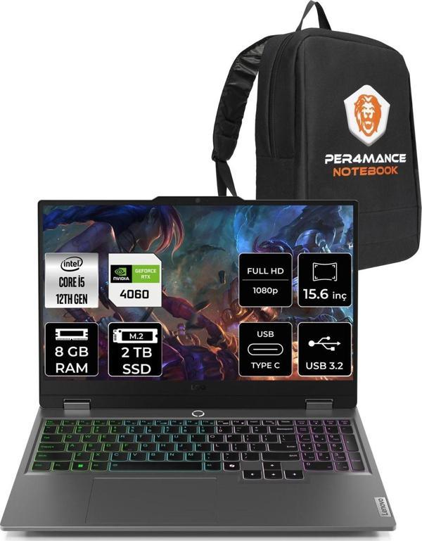 Lenovo Loq 15Iax9 İ5-12450Hx 8Gb 2Tb Ssd 105W Rtx4060/8Gb 15.6" Fhd Fdos & Per4 Çanta - Image 1