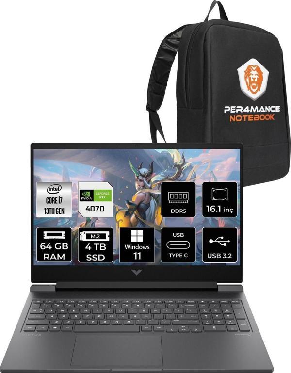 Hp Victus 16 İ7 13700H 64Gb Ddr5 4Tb Ssd Rtx4070/8Gb 144Hz 16.1'' W11H Gaming Laptop & Per4 Çanta - Image 1