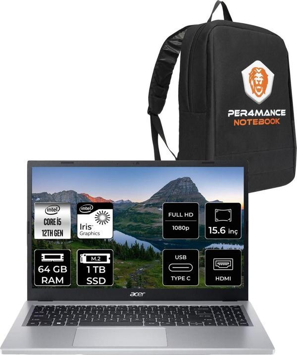 Acer Aspire 3 İ5 1235U 64Gb Ram 1Tb Ssd 15.6'' Fhd Fdos Taşınabilir Bilgisayar & Per4 Çanta - Image 1