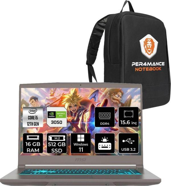 Msı Thin 15 İ5 12450H 16Gb 512Gb Ssd Rtx3050/4Gb 15.6" Fhd 144Hz W11P B12Uc91Tr & Per4 Çanta - Image 1