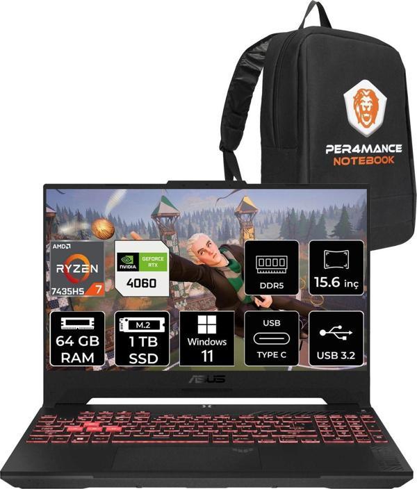 Asus Tuf Gaming A15 R7 7435Hs 64Gb 1Tb Ssd Rtx4060/8Gb 144Hz 15.6" Fhd W11H  Per4 Çanta - Image 1
