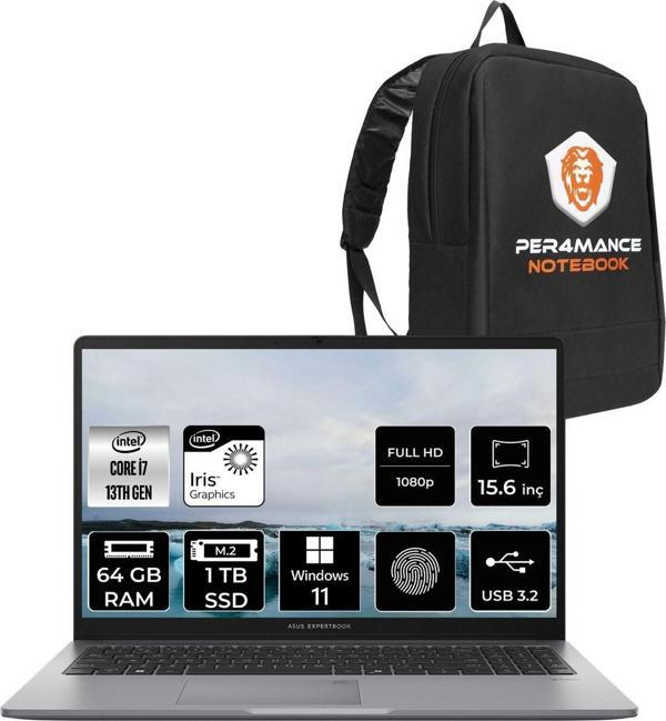 Asus Expertbook P1 P1503 İ7 13700H 64Gb Ddr5 1Tb Ssd 15.6" Fhd Wındows11Home & Per4 Çanta - Image 1
