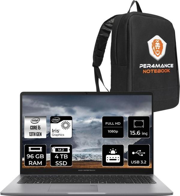 Asus Expertbook P1 P1503 İ5 13500H 96Gb Ddr5 4Tb Ssd 15.6" Fhd Freedos & Per4 Çanta - Image 1