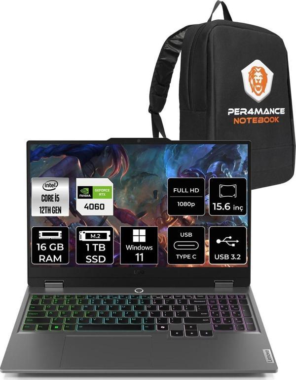 Lenovo Loq 15Iax9 İ5-12450Hx 16Gb 1Tb Ssd 105W Rtx4060/8Gb 15.6" Fhd W11P & Per4 Çanta - Image 1