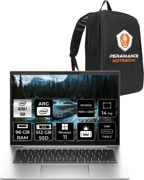 Hp Elitebook 840 G11 İntel Core Ultra 7 155H 96Gb 512Gb Ssd 14'' Wuxga W11H A970V8Etx & Per4 Çanta - Image 1