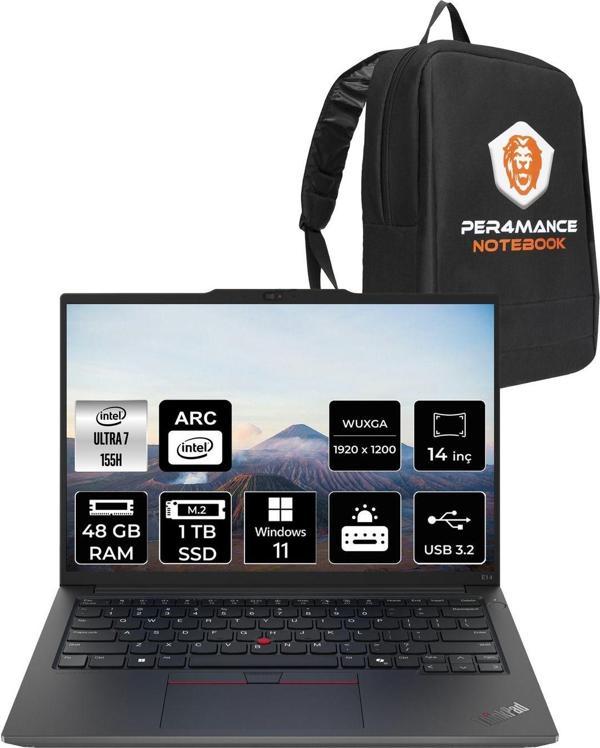 Lenovo Thinkpad E14 Ultra7 155H 48Gb Ddr5 1Tb Ssd 14'' Fhd+ W11P Dizüstü Bilgisayar & Per4 Çanta - Image 1