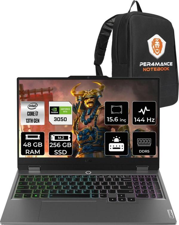 Lenovo Loq  İ7-13650Hx 48Gb 256Gb Ssd Rtx3050/6Gb 15.6" Fhd 144Hz Fdos 83Dv00G5Tr & Per4 Çanta - Image 1