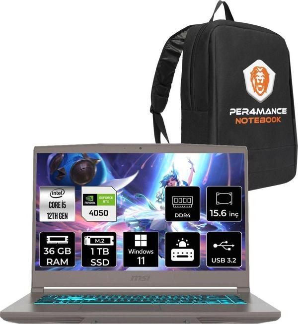 Msı Thin 15 İ5 12450H 36Gb 1Tb Ssd Rtx4050/6Gb 15.6" Fhd 144Hz W11H B12Ve27Tr & Per4 Çanta - Image 1