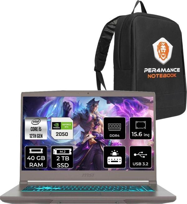 Msı Thin 15 İ5 12450H 40Gb 2Tb Ssd Rtx2050/4Gb 15.6" Fhd 144Hz Fdos B12Ucx20Tr & Per4 Çanta - Image 1