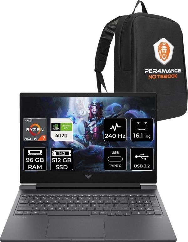 Hp Victus 16 R7 7840Hs 96Gb 512Gb Ssd Rtx4070/8Gb 240Hz Qhd 16.1'' Fdos Gaming Laptop & Per4 Çanta - Image 1