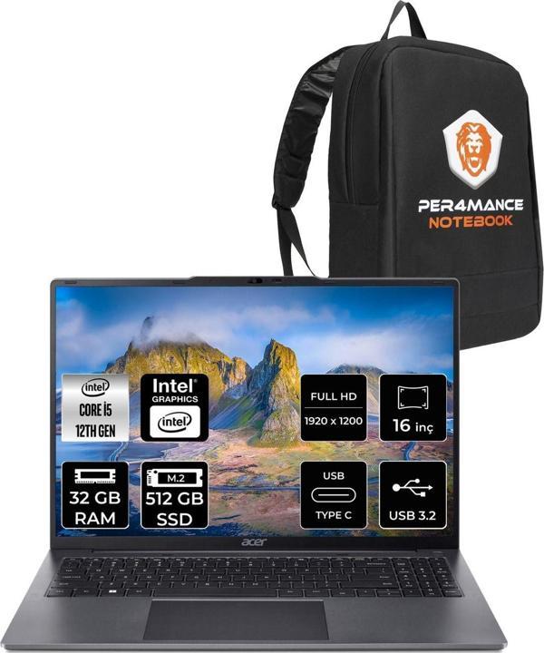Acer Aspire Lite İ5 1235U 32Gb Ddr5 512Gb Ssd 16'' Wuxga Fdos Taşınabilir Bilgisayar & Per4 Çanta - Image 1