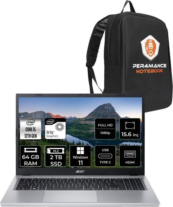 Acer Aspire 3 İ5 1235U 64Gb Ram 2Tb Ssd 15.6'' Fhd W11P Taşınabilir Bilgisayar & Per4 Çanta - Image 1
