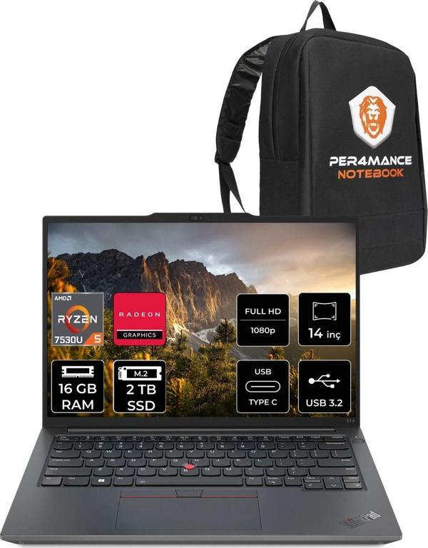 Lenovo Thinkpad E14 G5 R5 7530U 16Gb 2Tb Ssd 14'' Wuxga Fdos Dizüstü Bilgisayar & Per4 Çanta - Image 1