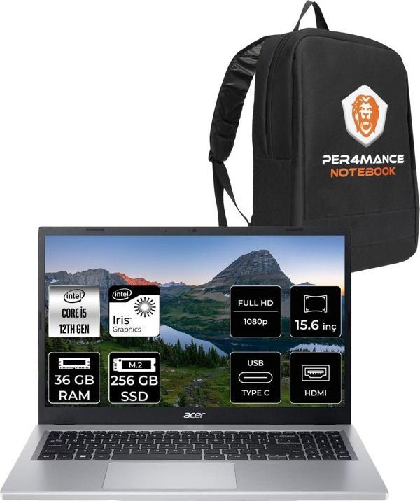 Acer Aspire 3 İ5 1235U 36Gb Ram 256Gb Ssd 15.6'' Fhd Fdos Taşınabilir Bilgisayar & Per4 Çanta - Image 1