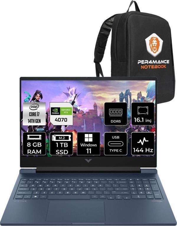 Hp Victus 16  İ7-14700Hx 8Gb Ram 1Tb Ssd Rtx4070/8Gb 144Hz 16.1 Fhd W11Pro 9J221Ea & Per4 Çanta - Image 1
