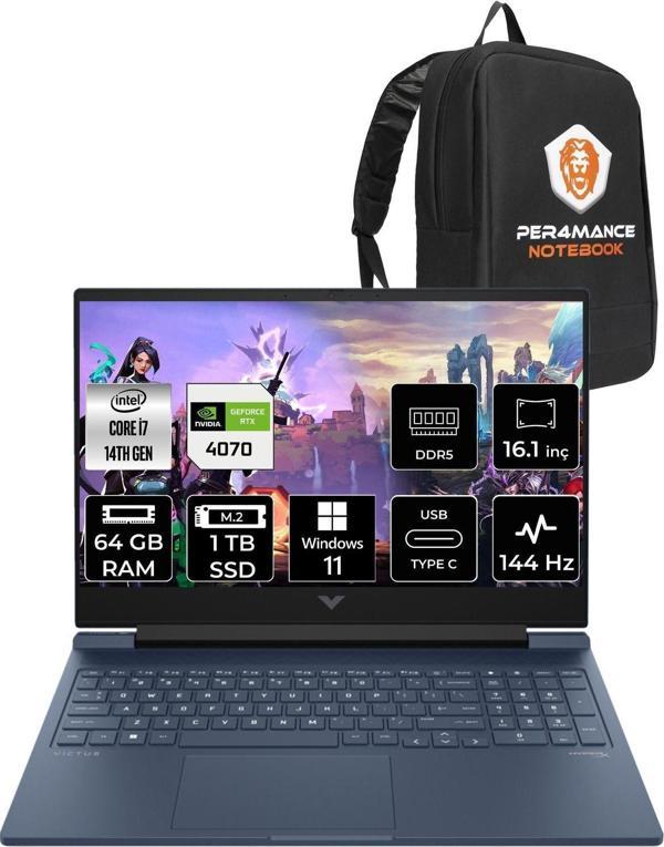 Hp Victus 16  İ7-14700Hx 64Gb Ram 1Tb Ssd Rtx4070/8Gb 144Hz 16.1 Fhd W11Pro 9J221Ea & Per4 Çanta - Image 1