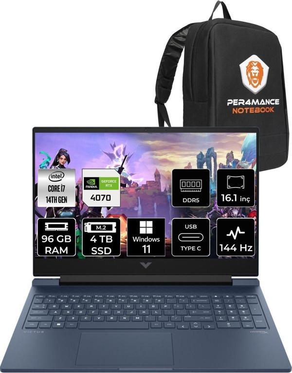 Hp Victus 16  İ7-14700Hx 96Gb Ram 4Tb Ssd Rtx4070/8Gb 144Hz 16.1 Fhd W11Pro 9J221Ea & Per4 Çanta - Image 1