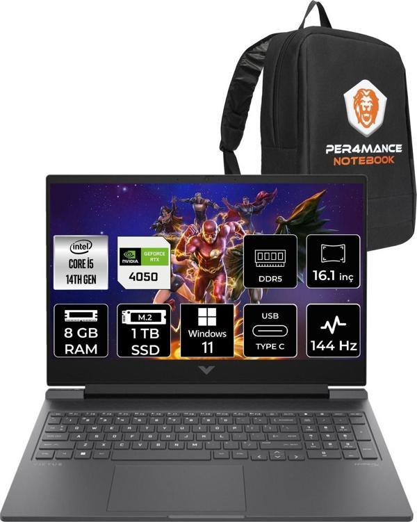 Hp Victus 16  İ5-14500Hx 8Gb Ram 1Tb Ssd Rtx4050/6Gb 144Hz 16.1 Fhd W11Pro 9J259Ea & Per4 Çanta - Image 1