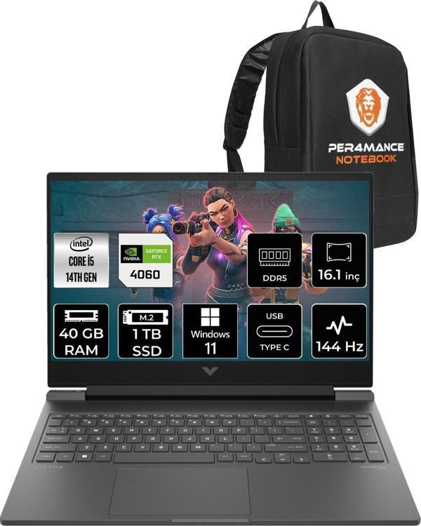 Hp Victus 16  İ5-14500Hx 40Gb Ram 1Tb Ssd Rtx4060/8Gb 144Hz 16.1 Fhd W11Pro 9J238Ea & Per4 Çanta - Image 1