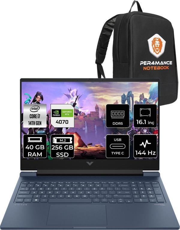 Hp Victus 16  İ7-14700Hx 40Gb Ram 256Gb Ssd Rtx4070/8Gb 144Hz 16.1 Fhd Fdos 9J221Ea & Per4 Çanta - Image 1
