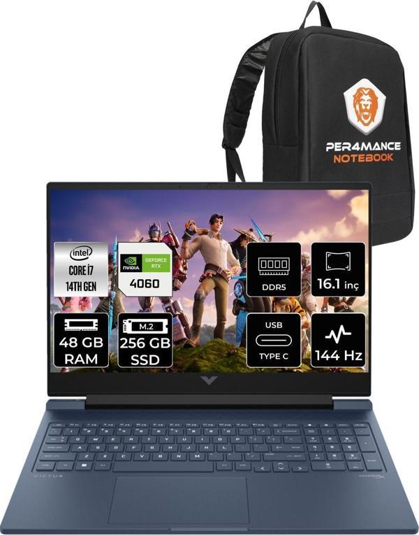 Hp Victus 16  İ7-14700Hx 48Gb Ram 256Gb Ssd Rtx4060/8Gb 144Hz 16.1 Fhd Fdos 9J235Ea & Per4 Çanta - Image 1