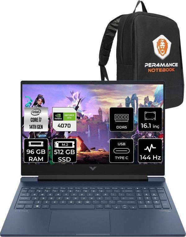 Hp Victus 16  İ7-14700Hx 96Gb Ram 512Gb Ssd Rtx4070/8Gb 144Hz 16.1 Fhd Fdos 9J221Ea & Per4 Çanta - Image 1