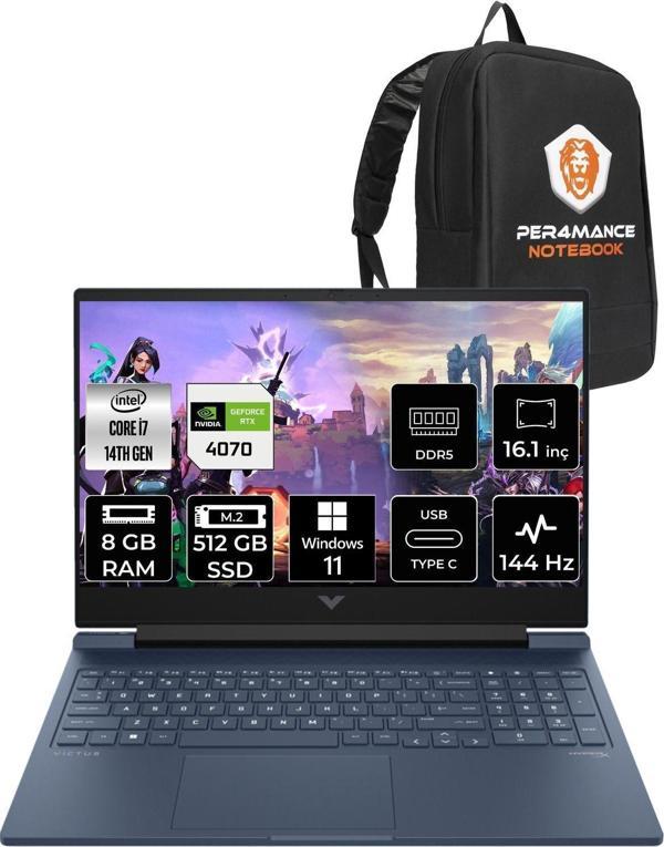 Hp Victus 16  İ7-14700Hx 8Gb Ram 512Gb Ssd Rtx4070/8Gb 144Hz 16.1 Fhd W11Home 9J221Ea & Per4 Çanta - Image 1