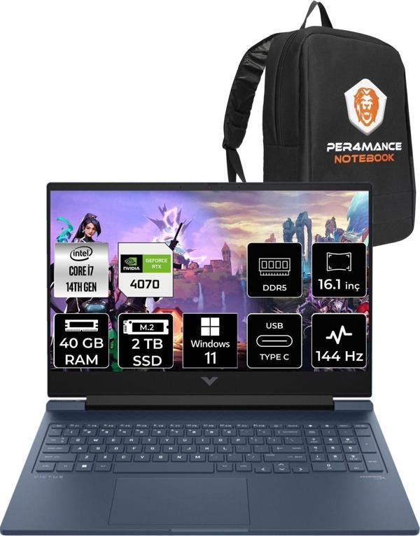 Hp Victus 16  İ7-14700Hx 40Gb Ram 2Tb Ssd Rtx4070/8Gb 144Hz 16.1 Fhd W11Home 9J221Ea & Per4 Çanta - Image 1