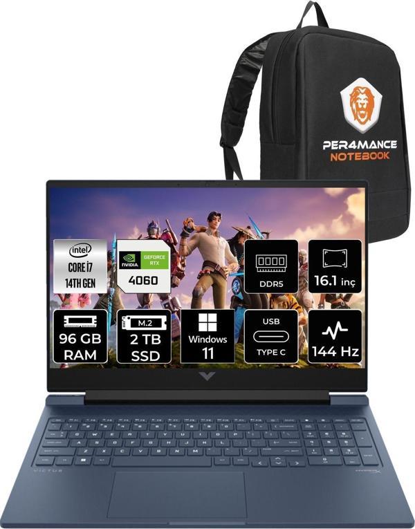 Hp Victus 16  İ7-14700Hx 96Gb Ram 2Tb Ssd Rtx4060/8Gb 144Hz 16.1 Fhd W11Home 9J235Ea & Per4 Çanta - Image 1