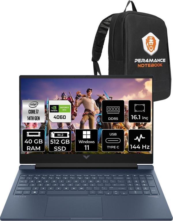 Hp Victus 16  İ7-14700Hx 40Gb Ram 512Gb Ssd Rtx4060/8Gb 144Hz 16.1 Fhd W11Pro 9J235Ea & Per4 Çanta - Image 1